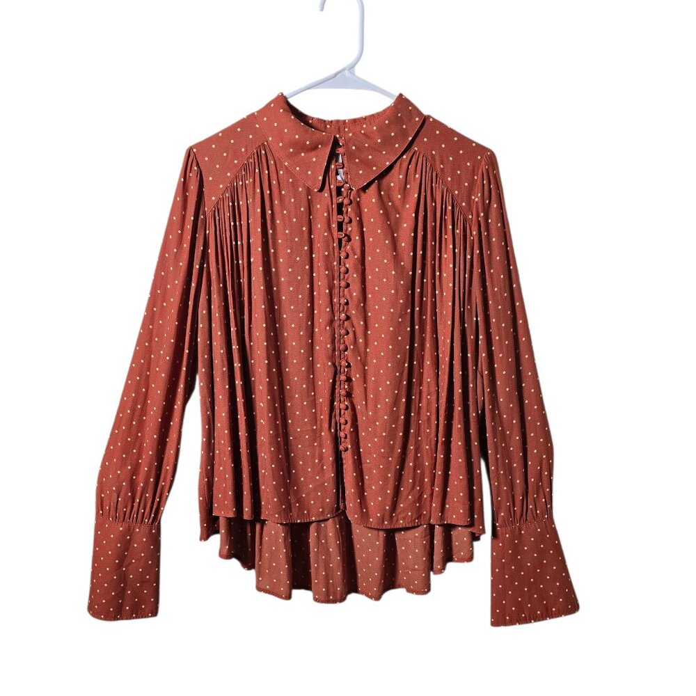 Free People Rust Polka Dot Blouse Small Romantic Boho Ruffle Button Top